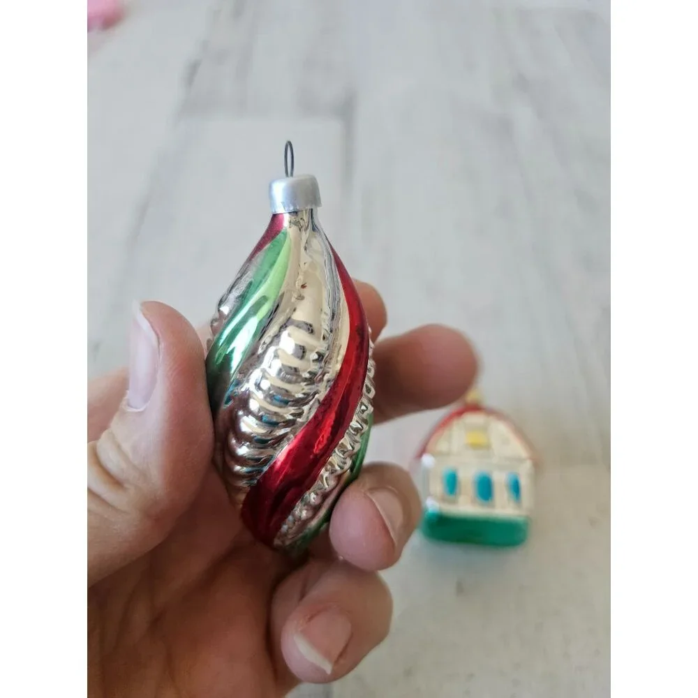 Vintage‎ Mercury glass house spiral red green mini ornament set Xmas tree